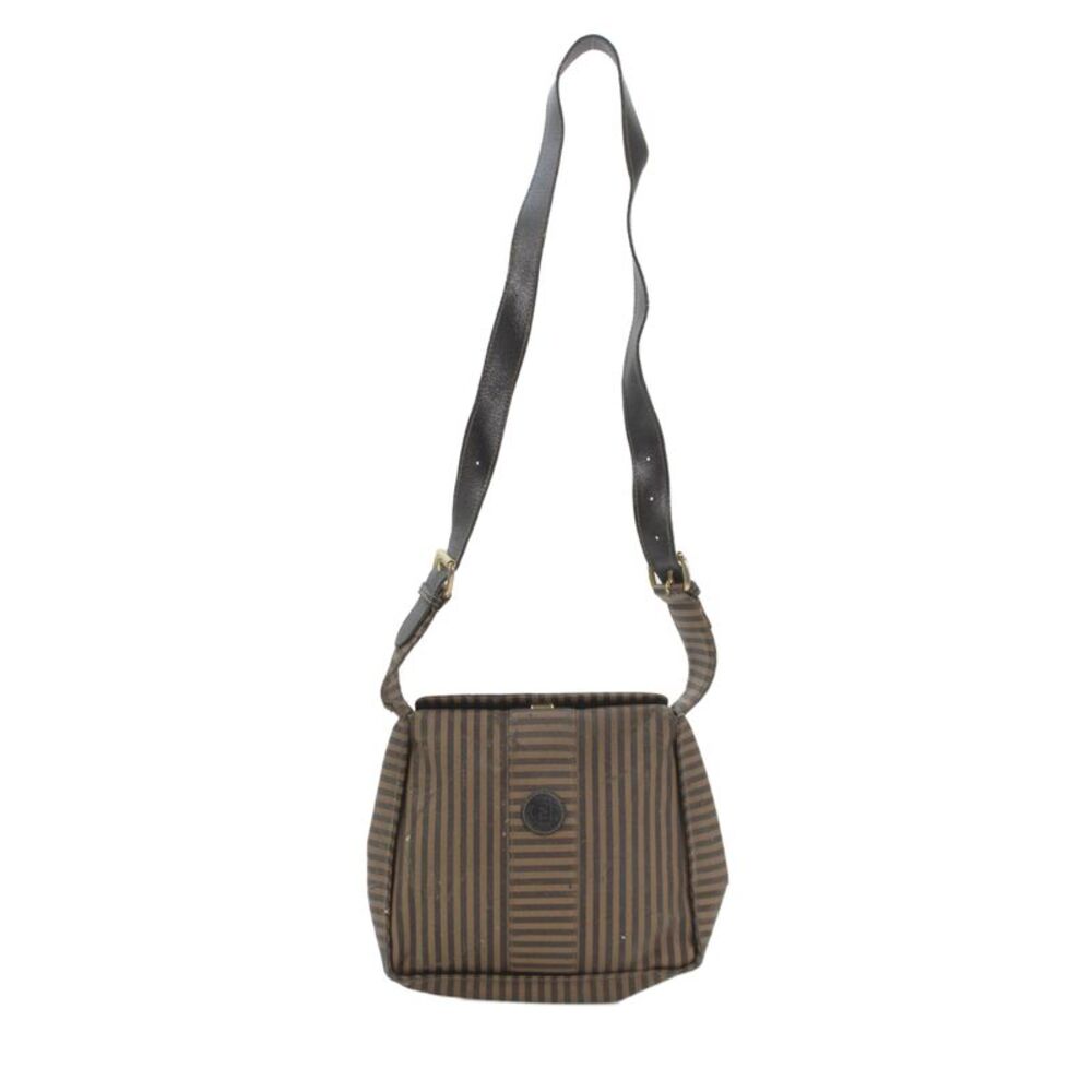 Fendi Womens Pequin Striped Print Snap Closure Crossbody Handbag Brown